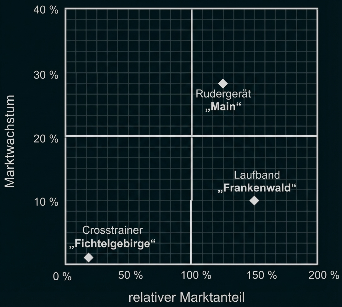 BCG-Matrix mit drei Punkten: Rudergerät „Main“ (oben rechts), Laufband „Frankenwald“ (rechts unten), Crosstrainer „Fichtelgebirge“ (links unten)